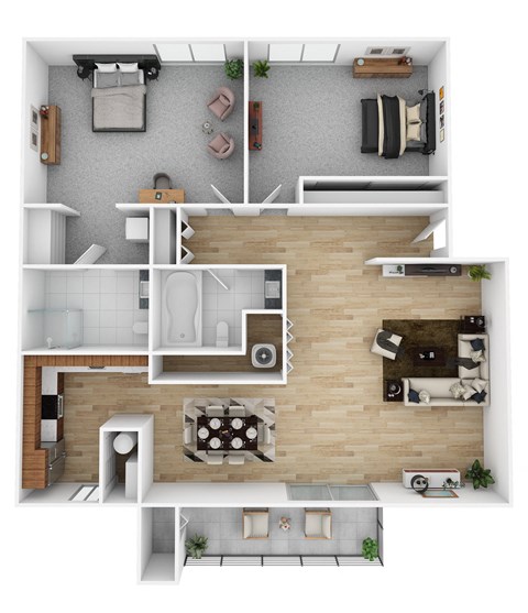 Floor plan for 2 beds, 2 baths, 987 sqft